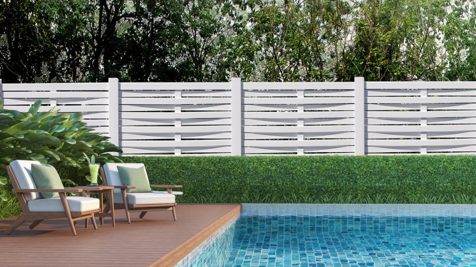 modern semi privacy horizontal vinyl fence in white with 3 inch pickets - view 2